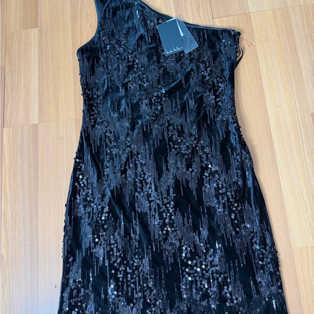 Nicole Miller Black One Shoulder Sequin Dress